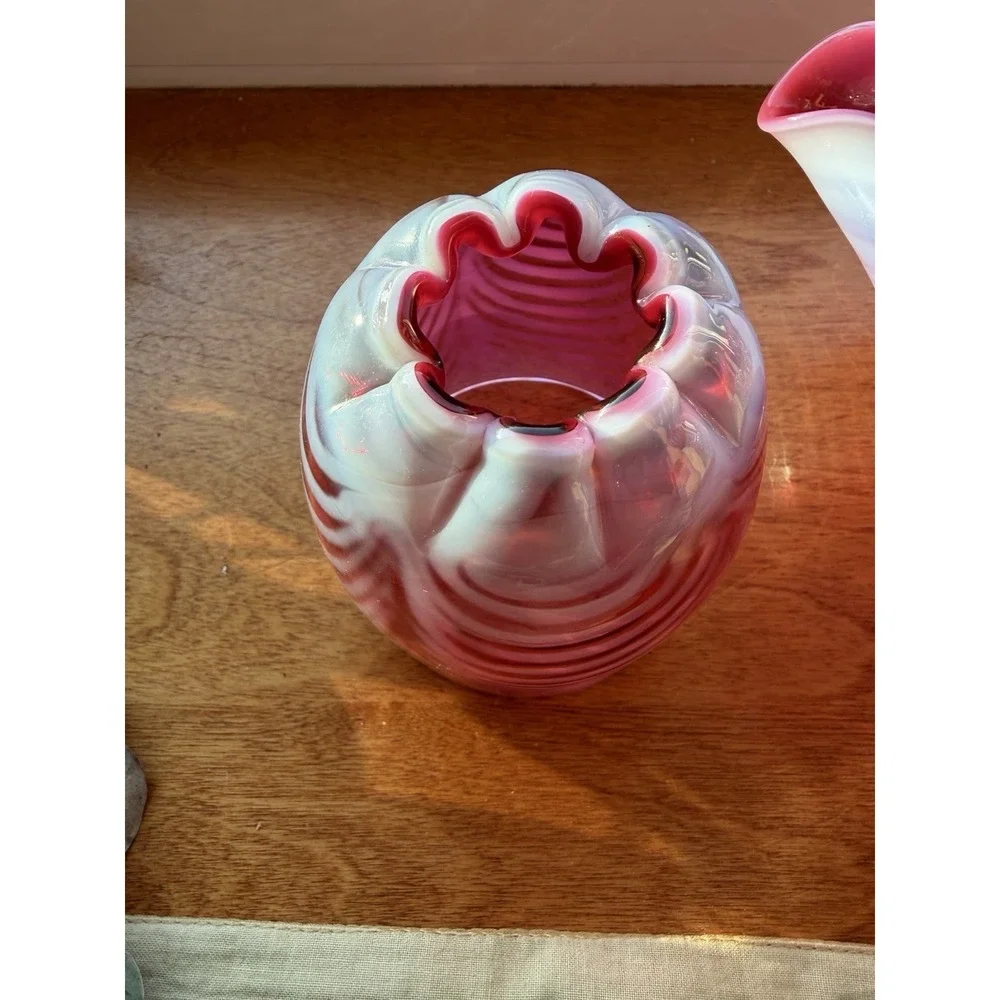Fenton Fairy Lamp 3 Piece Cranberry Opalescent Swirl Drapery Pattern Candle